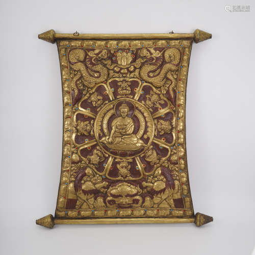 Gilt Bronze Hardstone Inlaid Thangka of Buddha