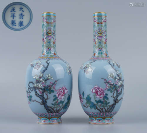 A Pair of Famille Rose Long Neck Vase