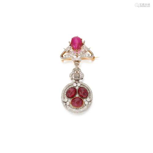 Ruby and diamond brooch- watch   (Spilla -orologio in diaman...