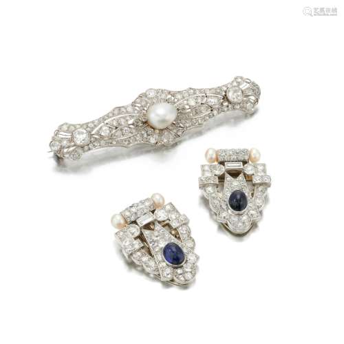 Double clip pearl, diamond and sapphire brooches and a pearl...
