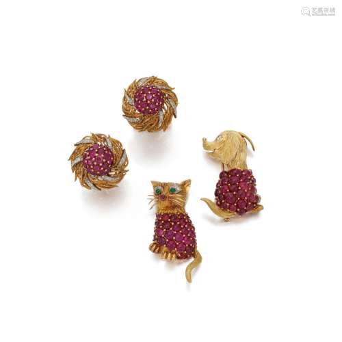 Pair of ruby and diamond cufflinks and two ruby brooches  (P...