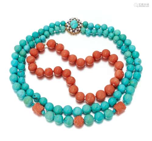 Two coral and turquoise necklaces (Due collane in corallo e ...