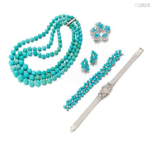 Collection of turquoise and diamond jewels and a lady's wris...