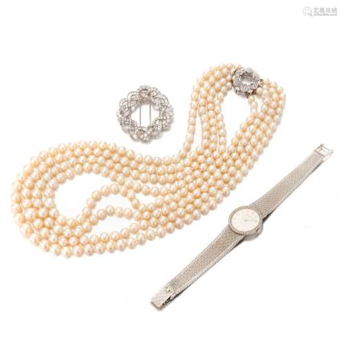 Diamond brooch, cultured pearls necklace and a Jaeger Le-Cou...