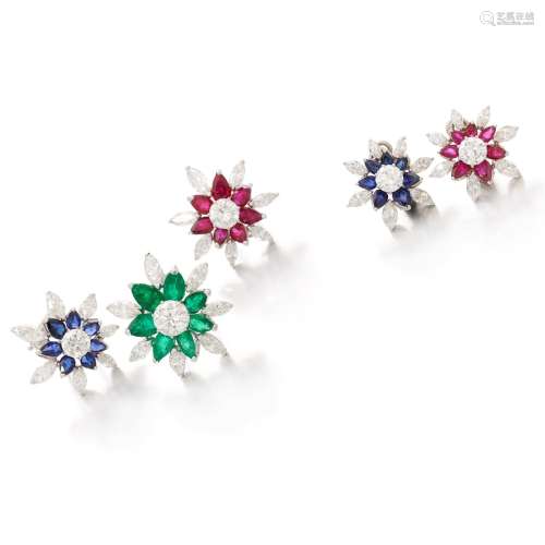 Emerald, ruby, sapphire and diamond clip brooches and pair o...