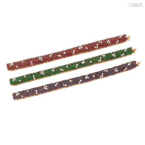 Three emerald, ruby, sapphire and diamond bracelets (Tre bra...