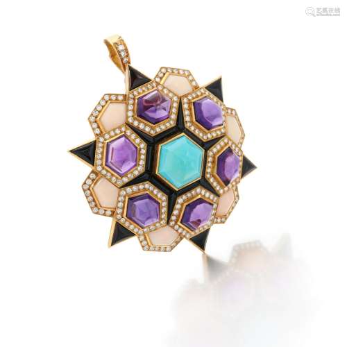 Amethyst, turquoise, onyx and coral Pendent/brooch (Spilla/p...