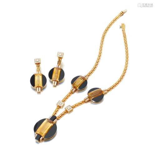Onyx, citrine and diamond pair of earclips and necklace (Pai...