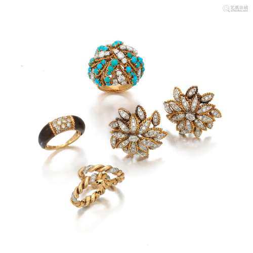 Diamond and turquoise ring, diamond earrings and three VC&A ...