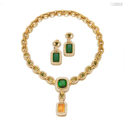 Tourmaline and diamond necklace and pair of earrings (Collan...