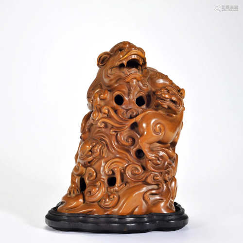 A Carved Boxwood Lingzhi Decoration Qing Dynasty