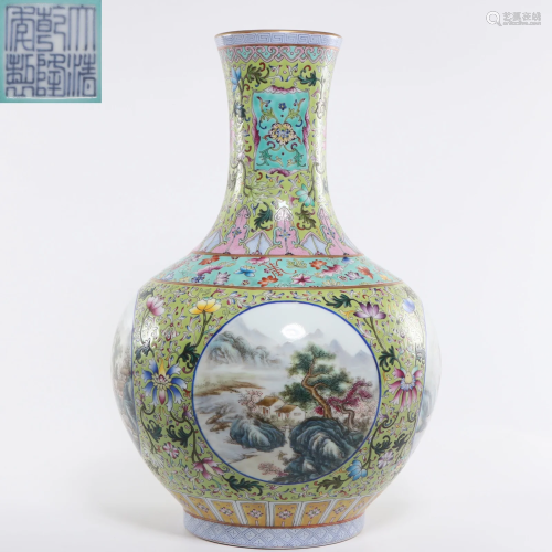 A Famille Rose Landscape Globublar Vase Qing Dynasty