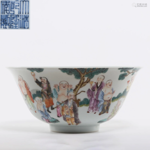 A Famille Rose Arhats Gathering Deep Bowl Qing Dynasty