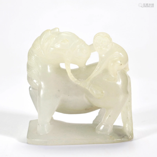 A Carved White Jade Monkey on Horse Qing Dynasty