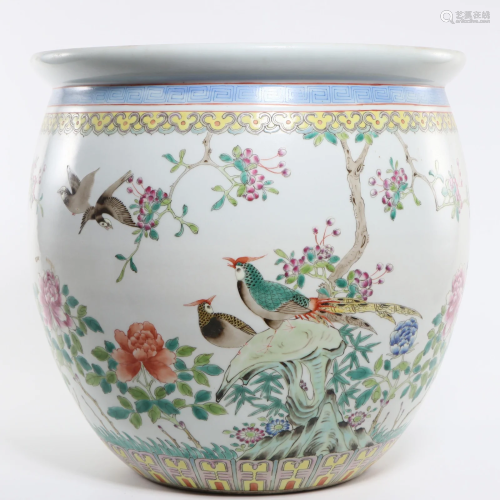 A Famille Rose Floral and Birds Jardiniere Qing Dynasty