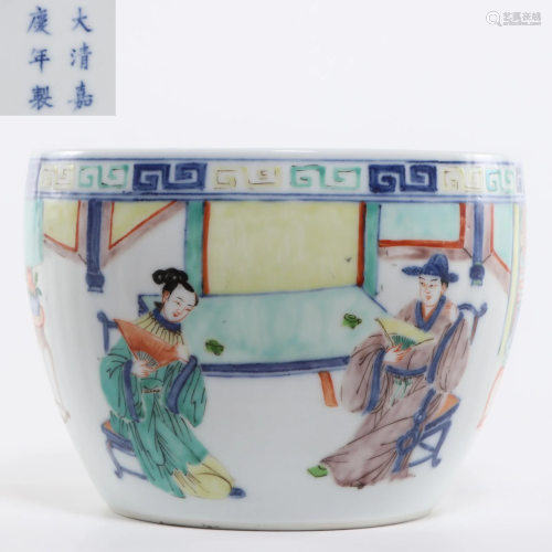 A Famille Verte Figural Story Jardiniere Qing Dynasty
