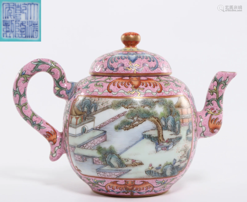 A Famille Rose Landscape Teapot Qing Dynasty