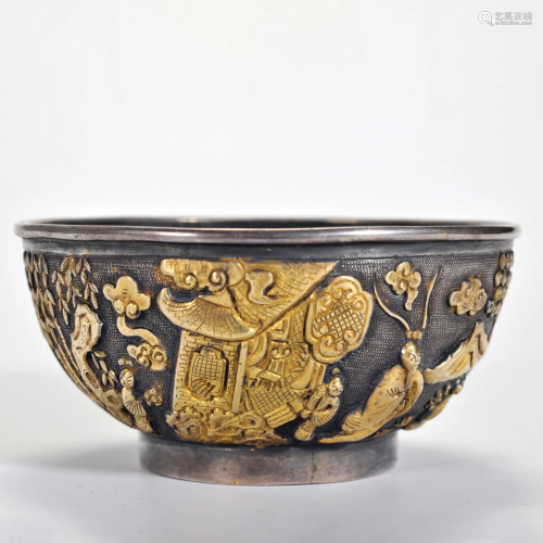 A Silver Partly Gilt Figural Story Bowl Qing Dynasty