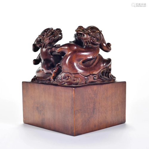 A Carved Boxwood Dragon Seal Qing Dynasty