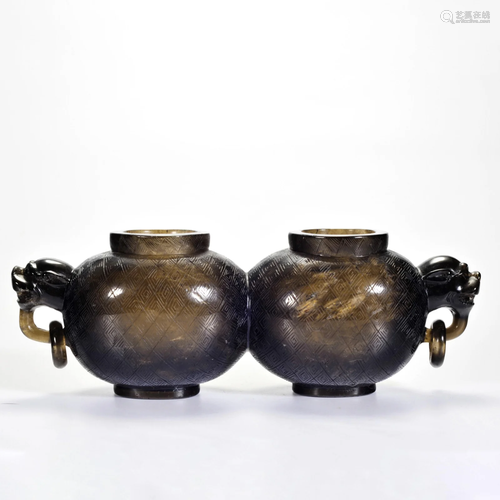 A Carved Smoky Quartz Twin Container Qing Dynasty