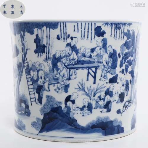 A Blue and White Kids at Play Brushpot Qing Dynasty