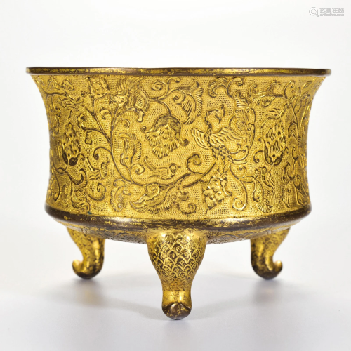 A Bronze-gilt Tripod Censer Qing Dynasty