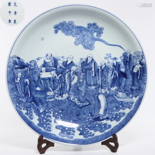 A Blue and White Arhats Plate Qing Dynasty