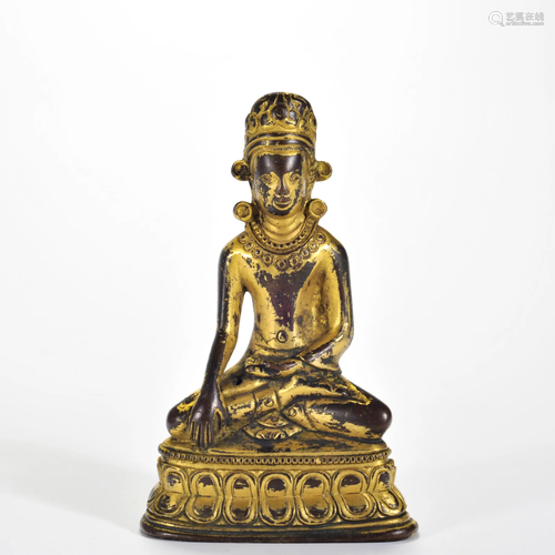 A Tibetan Bronze-gilt Crown Buddha