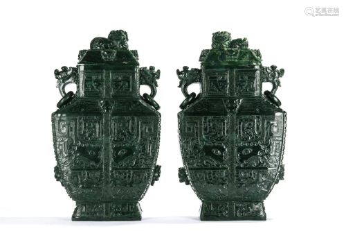 Pair of Spinach-Green Jade Lion-Finial Vases