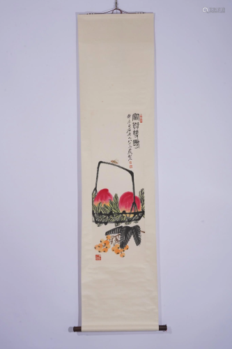 Qi Baishi, Chinese Peaches & Persimmon Painting Scroll