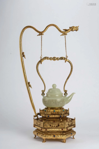 Inscribed White Jade Ewer, with Gilt Bronze Stand