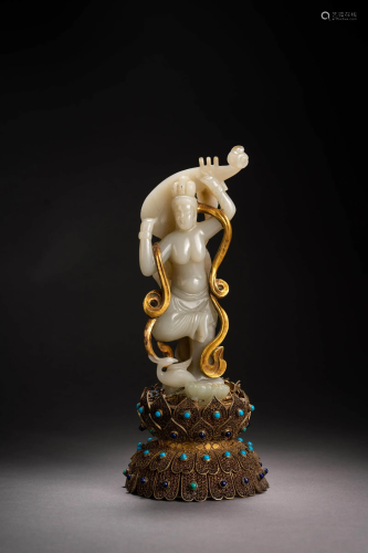 Gilt Decorated White Jade Figure of Apsaras