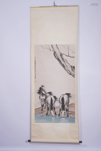 Xu Beihong, Chinese Three Horses Painting Scroll