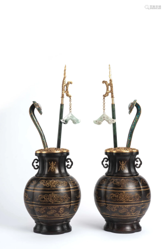 Pair of Gilt Sandalwood Eight Treasures Vases