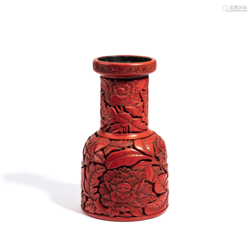 Carved Cinnabar Lacquer Lotus Dish-Top Vase
