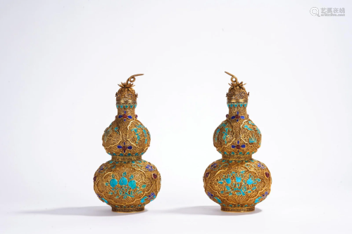Pair of Silver Gilding Filigree Double-Gourd Vases