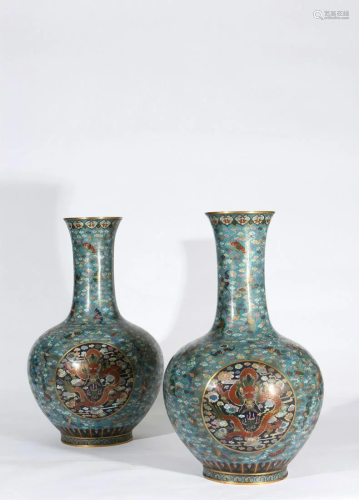 Pair of Cloisonne Enamel Dragon Tianqiuping Vases
