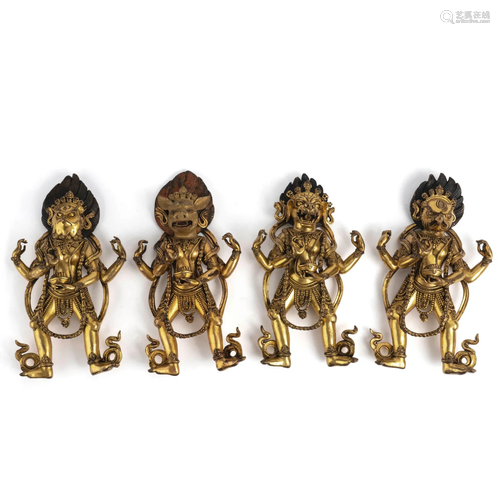 Four Gilt Bronze Statues of Guardian