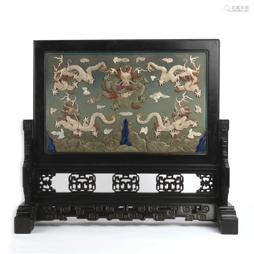 Hard Stone Inlaid Dragon Table Screen