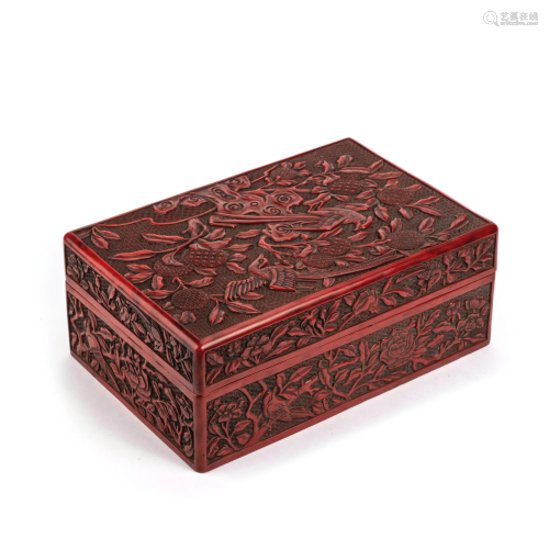 Carved Cinnabar Lacquer Flower & Bird Box & Cover
