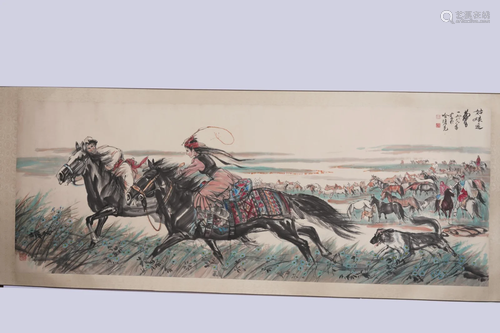 Huang Zhou, Chinese Figure Horsing Painting