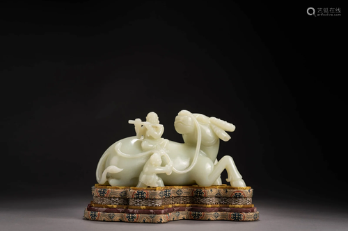 Carved White Jade Boy & Bull Ornament