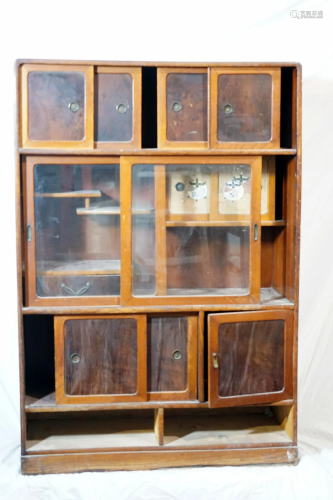 Japanese wooden chest of drawers with glass doors,