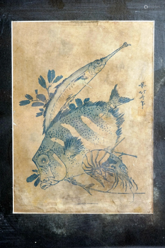 Japanese woodcut, (Akio-ah) Painting of fish signed by