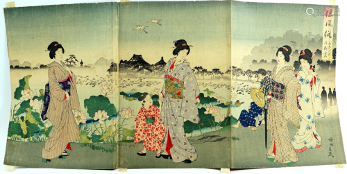 Japanese woodcut, special in its triptych colors,
