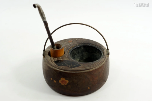 Japanese smoking set for opium made of wood and copper,