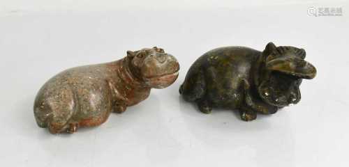Two soapstone carved hippopotamus figures, 13cm long.