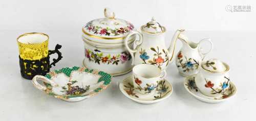 A miniature porcelain tea set, together with a Meissen leaf ...