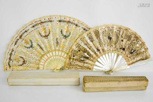 Two Victorian fans, one in mother of pearl, and worked in si...