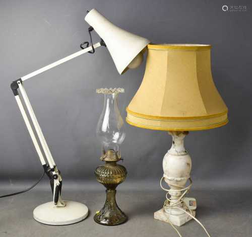An anglepoise lamp, marble based table lamp and antique para...